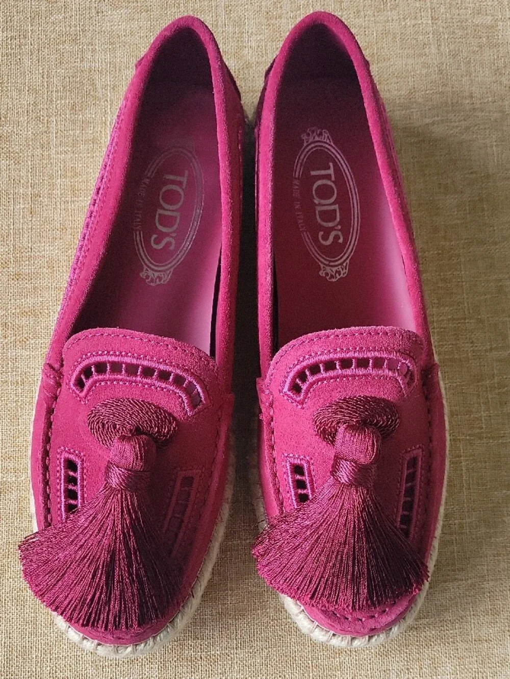 TOD'S Pink Suede Espadrille   Tassel Loafers